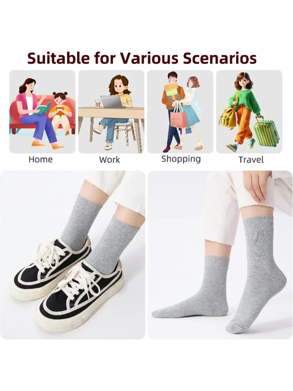 🧦Women's Dark Grey 6 Pairs Thin Above Ankle Socks Cotton Crew Socks